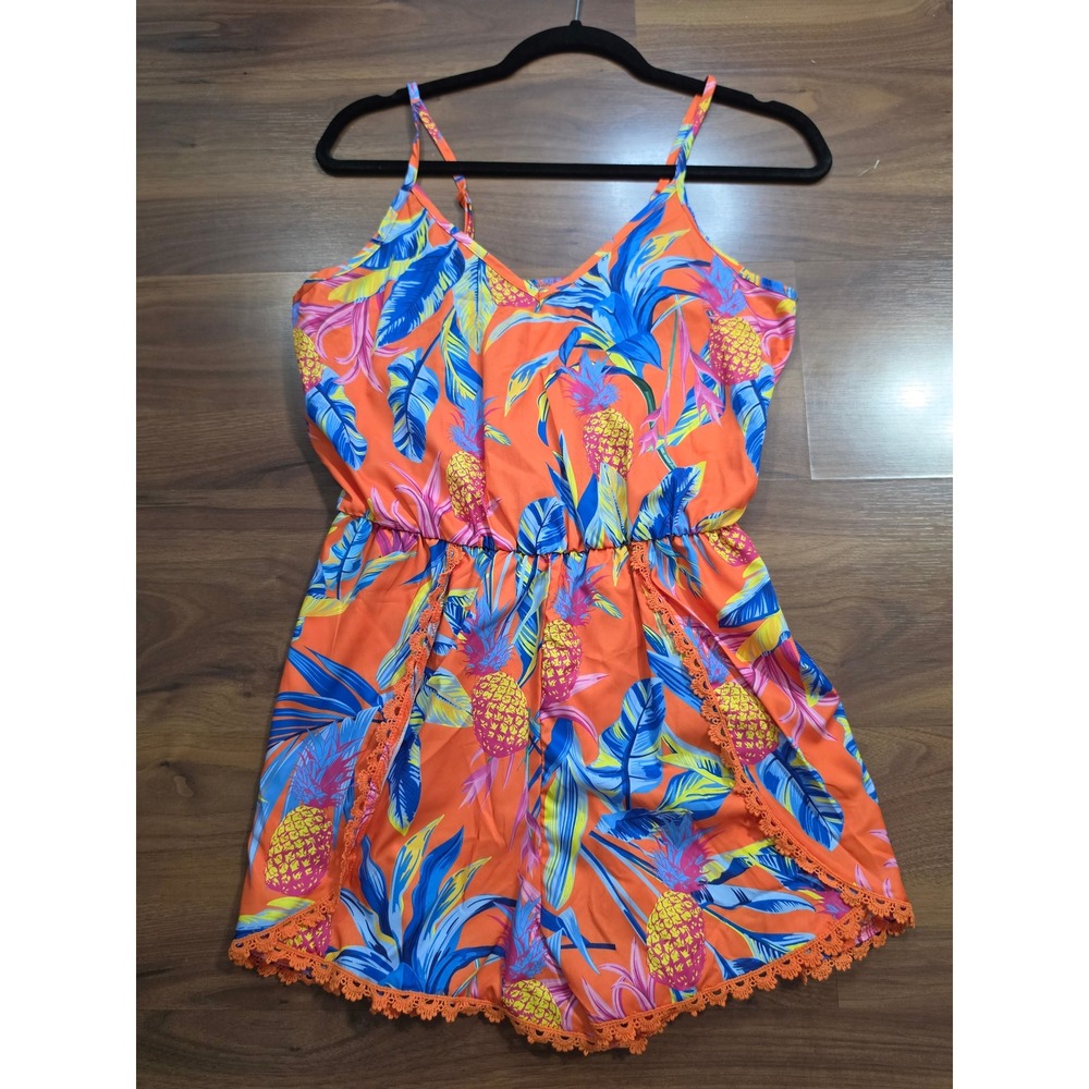 NWT SHEIN Romper Medium Orange Tropical Pineapple Crochet Trim Sleeveless